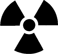 Symbole courant de produit radioactif, composé d'un petit disque central et de trois lobes écartés de 120 degrés d'angle